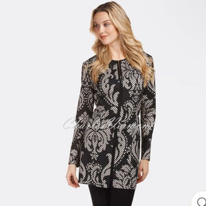 Frank Lyman Jacket 183653 black cream textured long line floral print zip 8